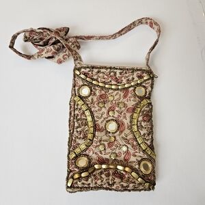 Sparitual Tan Pink Vintage Paisley Beaded Bohemian Mirror Mini Crossbody